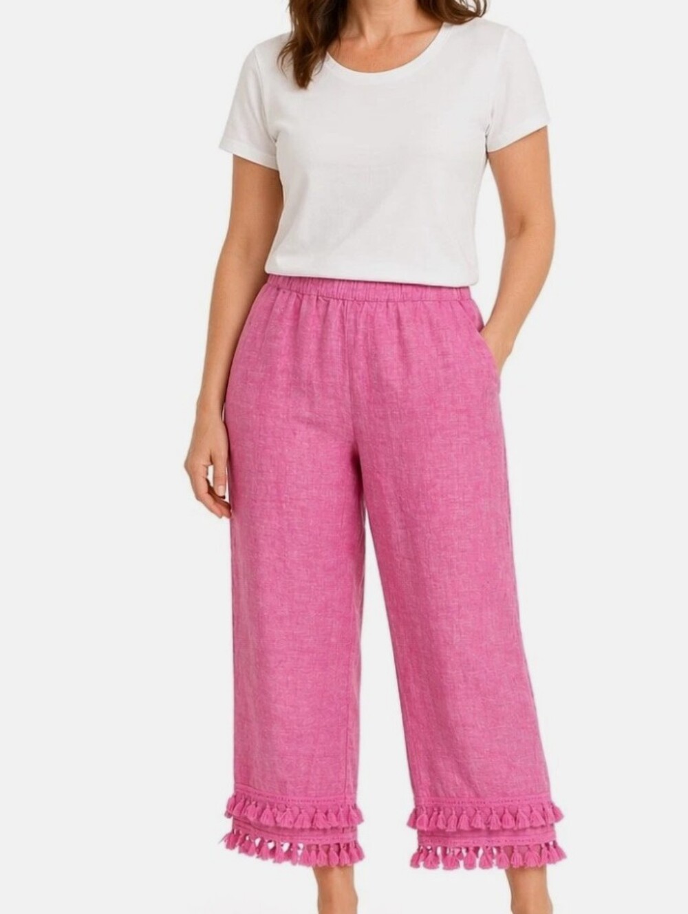 Crow & Ivy Tassel Hem Pink Linen Pants.
